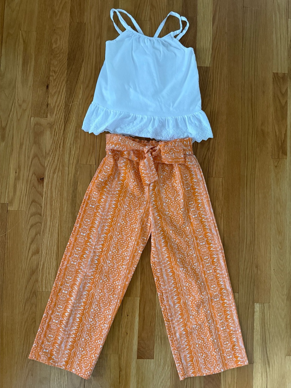 Max Studio White Eyelet Tank with Orange Printed Tie-Waist Pants